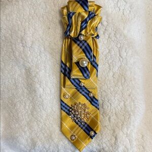 Yellow and Blue Plaid Tie Necklace with Decorative Accents